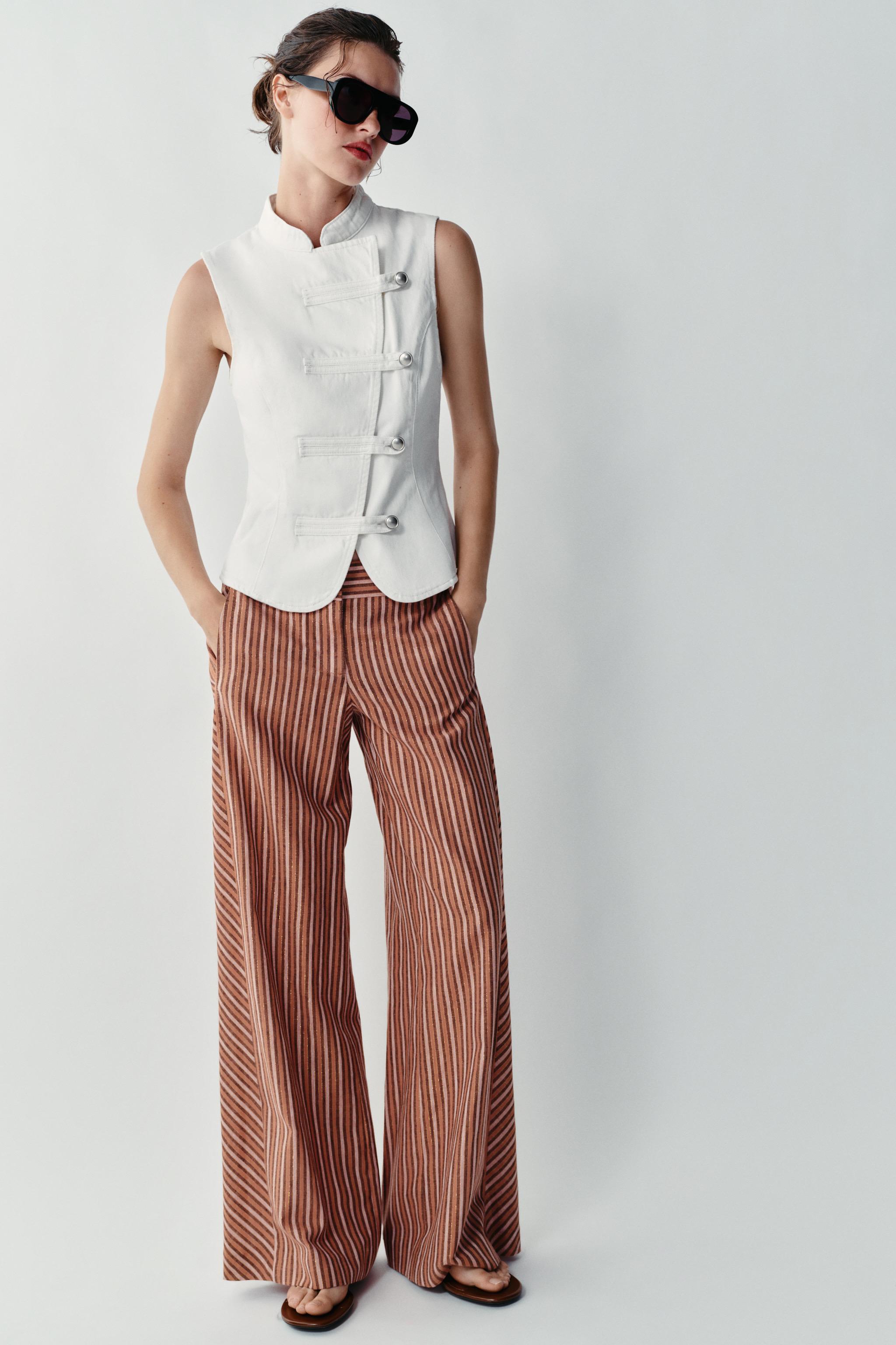 METALLIC THREAD STRIPED WIDE LEG PANTS